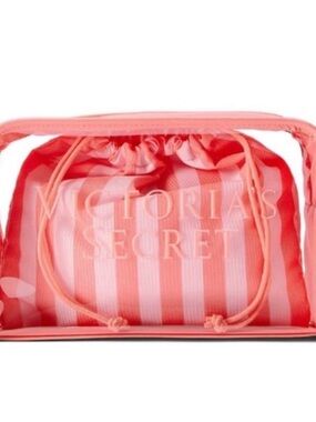 Victoria's Secret Pink Stripe Clear Cosmetic Pouch with Drawstring